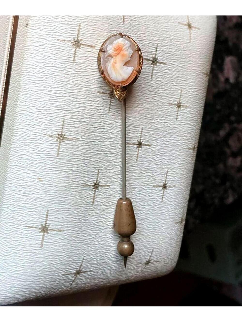 Antique Art Nouveau Carved Shell Cameo Stick Pin Gold Gilt Filled Vintage